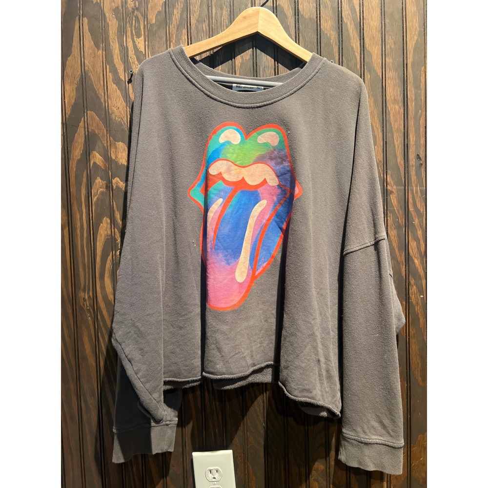 Daydreamer The Rolling Stones Rainbow Lips Cropped Sweatshirt Charcoal XL